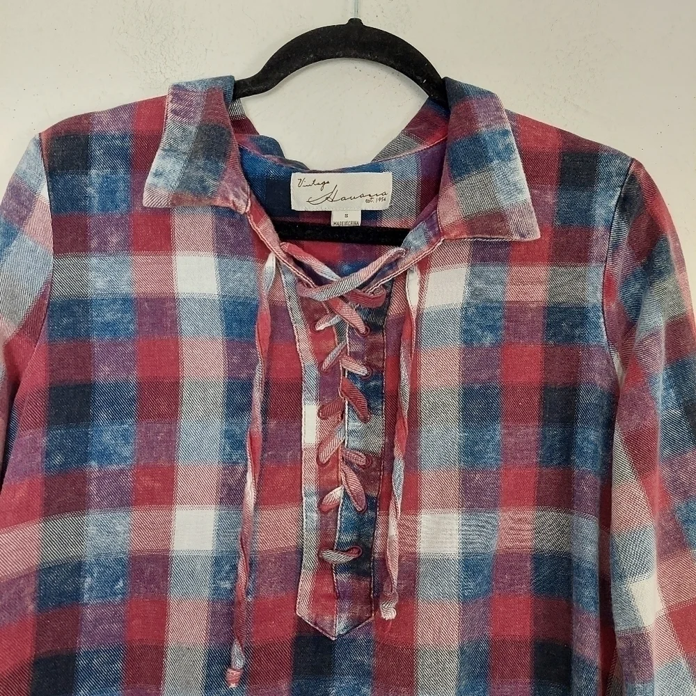 Vintage Havana Womens Long Sleeve Red Blue Plaid Drawstring Tie Shirt Dress Sz S - Picture 3 of 9
